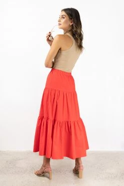 Ivy + Jack Skirts Divine Blood Orange Poplin Tiered Elastic Waist Midi Skirt