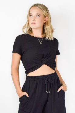 Among The Brave Tops & Tees Dizzy Black Twist Front Cotton Knit Tee