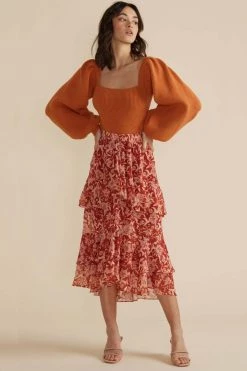 Mink Pink New In Dover Red Floral Layered Midi Skirt
