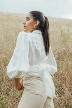 Among The Brave Victory White Linen Tie Hem Puff Sleeve Shirt