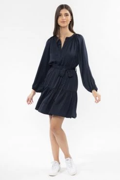 Seeking Lola Flourish Navy Washer Satin Puff Sleeve V Neck Tiered Mini Dress