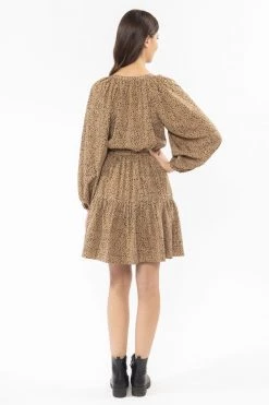 Seeking Lola New In Flourish Tan Animal Puff Sleeve V Neck Tiered Mini Dress
