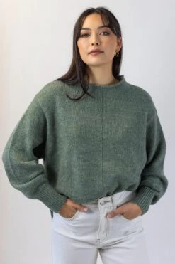Among The Brave Knitwear Famous Soft Khaki Mohair Blend Boxy Funnel Neck Knit