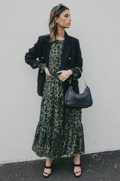 Ivy + Jack Effortless Khaki Leopard Blouson Sleeve Maxi Tiered Dress