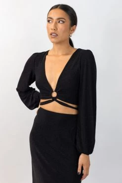 Among The Brave Full Moon Black Shimmer LS Puff Sleeve Plunge Ring Crop Top