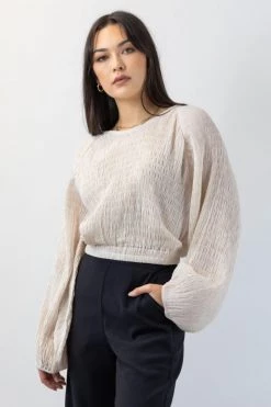 Ivy + Jack Carly Ecru Shirred LS Raglan Elastic Hem Crop Top