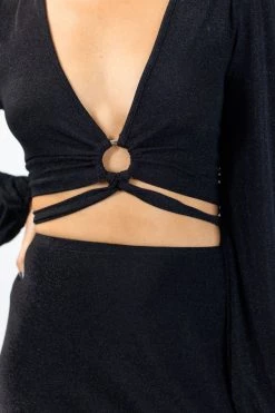 Among The Brave Full Moon Black Shimmer LS Puff Sleeve Plunge Ring Crop Top