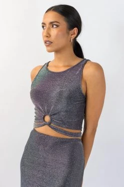 Among The Brave Milky Way Silver Shimmer Ring Tie Waist Crop Tank Top