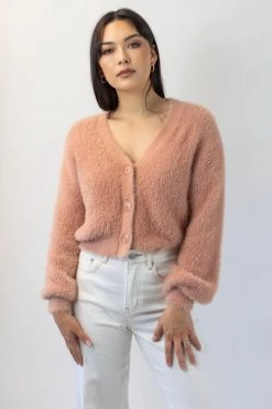 Among The Brave Tender Toffee Eyelash Yarn Blouson Sleeve Knit Cardigan Knitwear