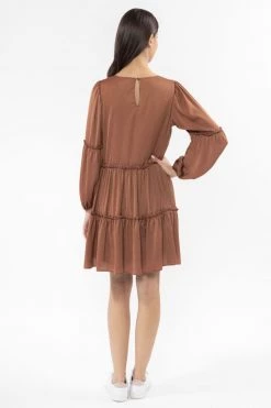 Seeking Lola New In Optimistic Rust Washer Satin Mid Sleeve Tiered Mini Dress