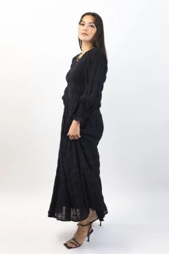 Ivy + Jack Piper Black Shirred Cotton LS Shirred Bodice Tiered Maxi Dress
