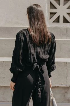 Ivy + Jack Grace Black Shirred Cotton LS Back Hem Tie Top