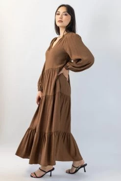 Ivy + Jack Kendall Pecan Crinkle Blouson LS V Neck Tiered Midi Dress New In