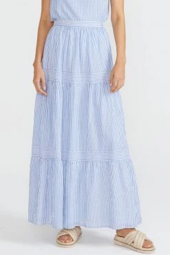 Staple The Label Azul Pale Blue Stripe Tiered Midi Skirt Skirts