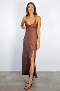 Among The Brave Dresses Slinky Chocolate Satin Strappy Crossover Tie Back Bias Midi Dress