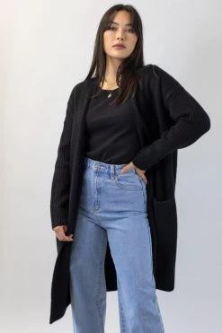 Among The Brave New In Secure Black Longline Knit Cardigan With Pockets