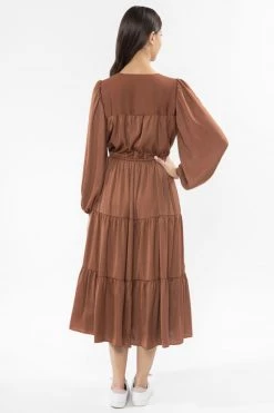 Seeking Lola Creative Rust Washer Satin V Neck Mid Sleeve Tiered Midi Dress New In