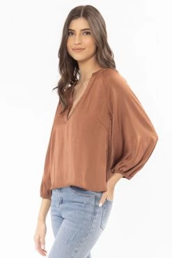 Leila + Luca Tops & Tees Intuitive Rust Washer Satin V Neck Mid Sleeve Top