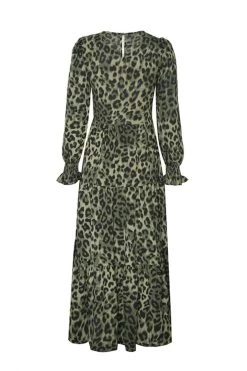 Ivy + Jack Effortless Khaki Leopard Blouson Sleeve Maxi Tiered Dress