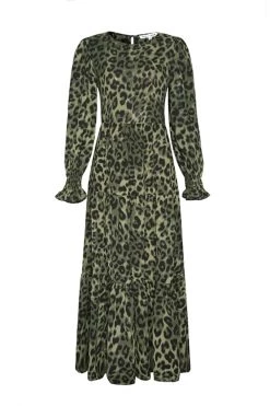 Ivy + Jack Effortless Khaki Leopard Blouson Sleeve Maxi Tiered Dress
