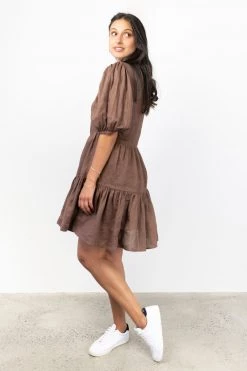 Ivy + Jack Dresses Ella Mocha Linen SS V Neck Smock Dress