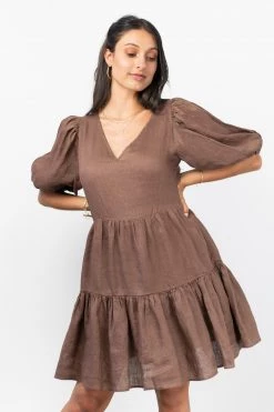 Ivy + Jack Dresses Ella Mocha Linen SS V Neck Smock Dress