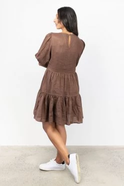 Ivy + Jack Dresses Ella Mocha Linen SS V Neck Smock Dress
