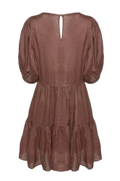 Ivy + Jack Dresses Ella Mocha Linen SS V Neck Smock Dress