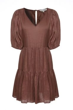 Ivy + Jack Dresses Ella Mocha Linen SS V Neck Smock Dress