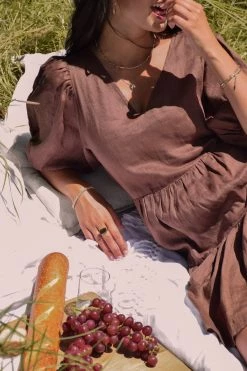 Ivy + Jack Dresses Ella Mocha Linen SS V Neck Smock Dress