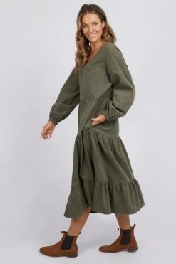 Elm New In Mae Khaki LS Cord Tiered Midi Dress