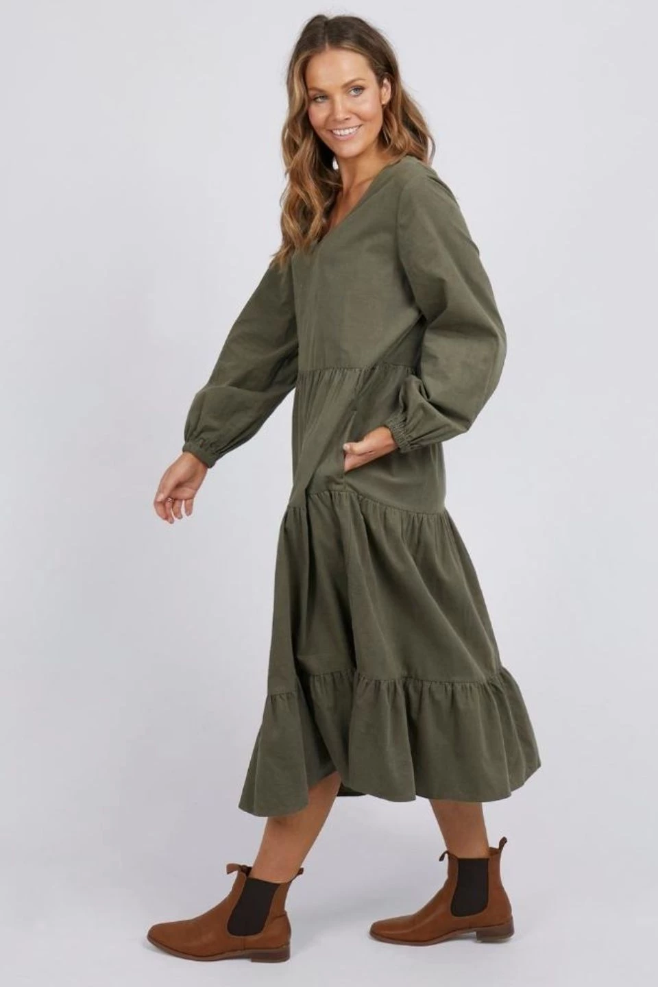 Elm New In Mae Khaki LS Cord Tiered Midi Dress