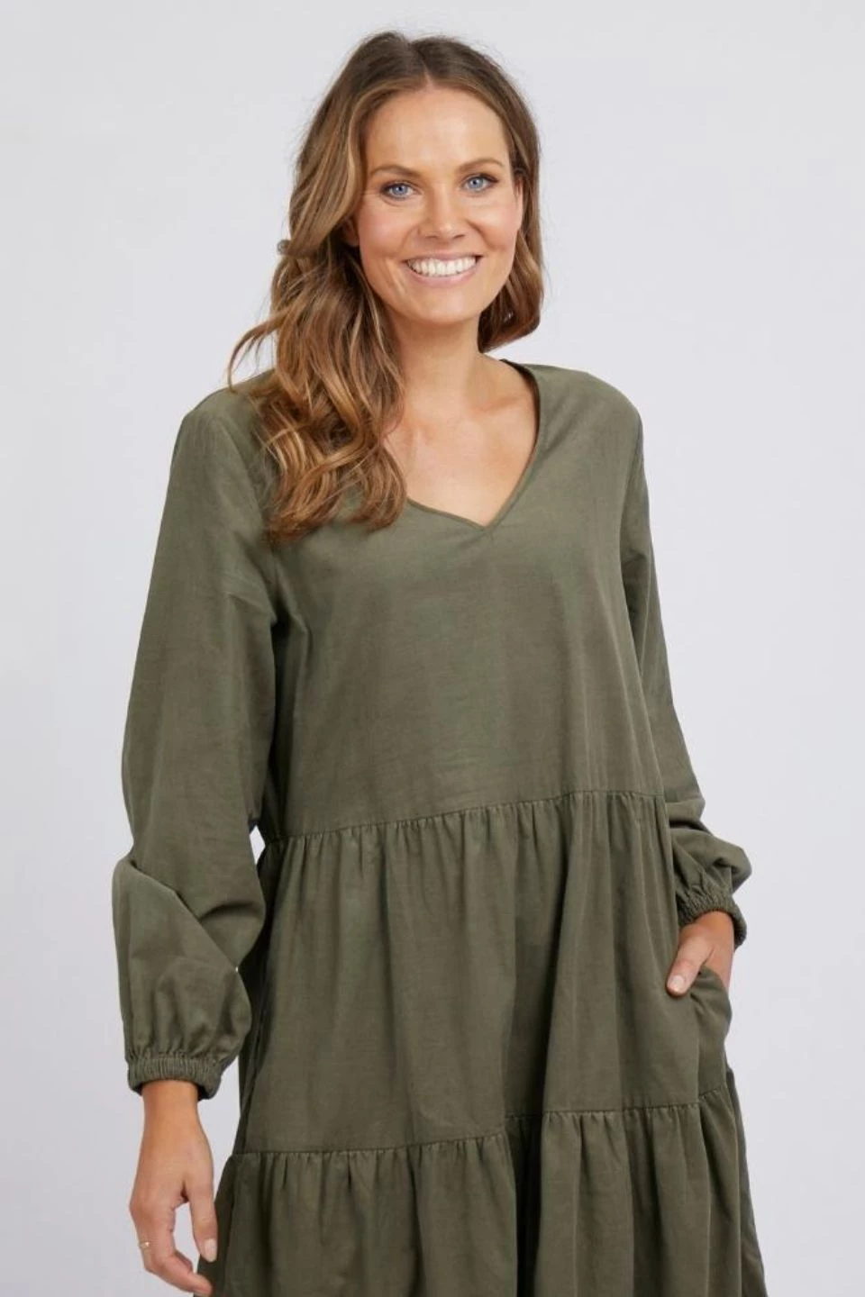 Elm New In Mae Khaki LS Cord Tiered Midi Dress