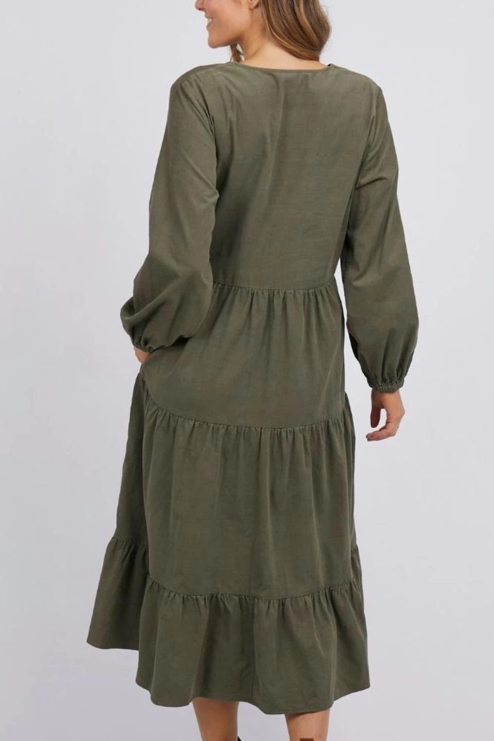 Elm New In Mae Khaki LS Cord Tiered Midi Dress