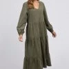 Elm New In Mae Khaki LS Cord Tiered Midi Dress