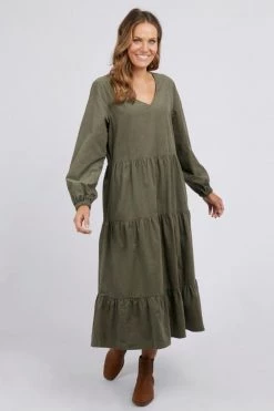 Elm New In Mae Khaki LS Cord Tiered Midi Dress