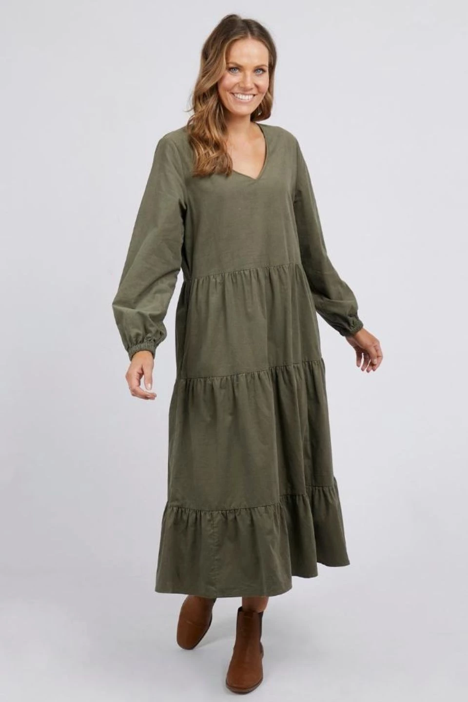 Elm New In Mae Khaki LS Cord Tiered Midi Dress