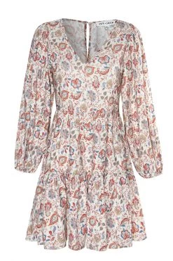 Ivy + Jack Dresses Elsa Red Paisley Linen Blend LS V Neck Smock Dress