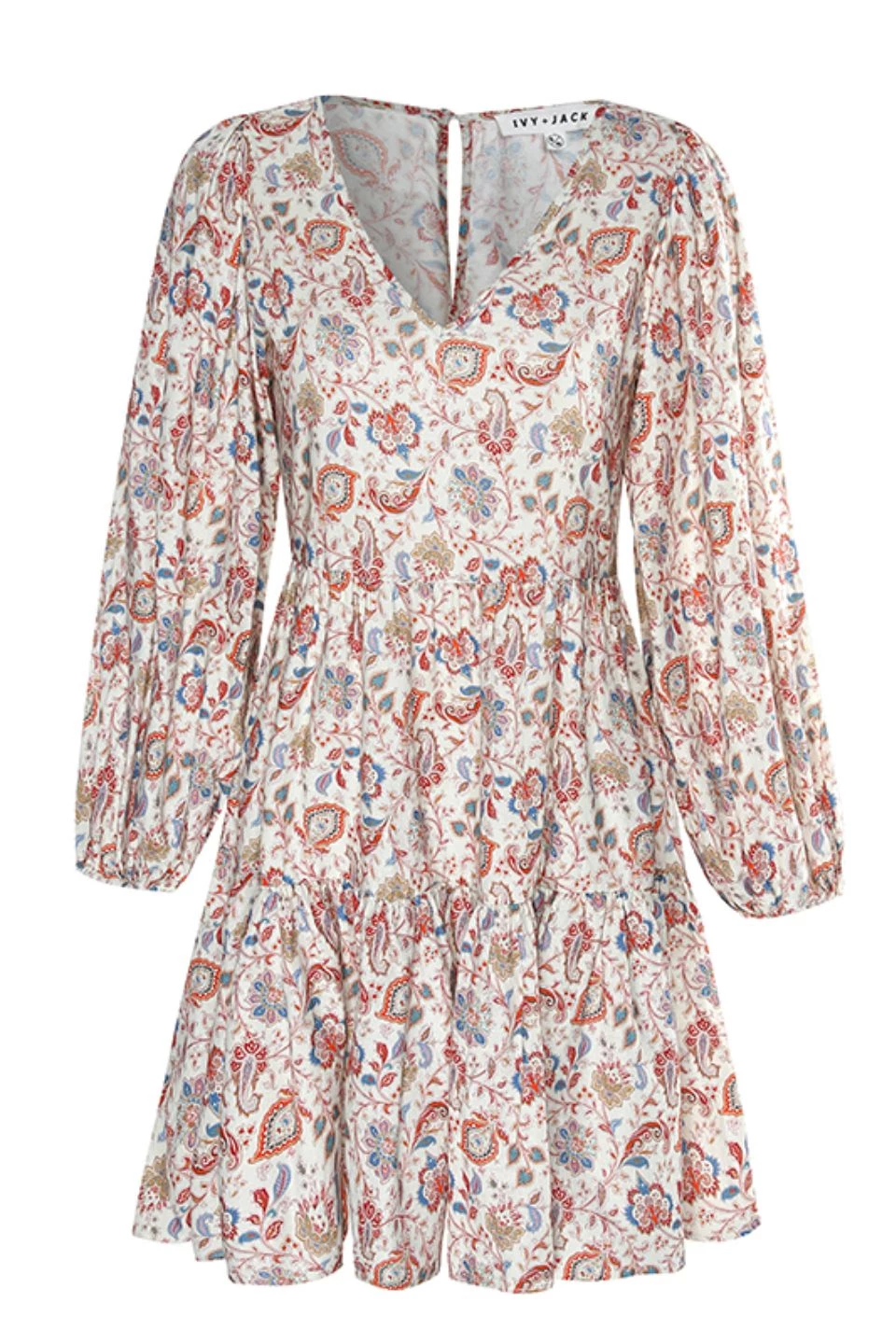 Ivy + Jack Dresses Elsa Red Paisley Linen Blend LS V Neck Smock Dress