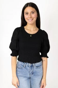 Ivy + Jack Emma Black Shirred Cotton Puff SS Shirred Bodice Top Tops & Tees