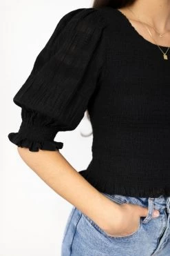 Ivy + Jack Emma Black Shirred Cotton Puff SS Shirred Bodice Top Tops & Tees