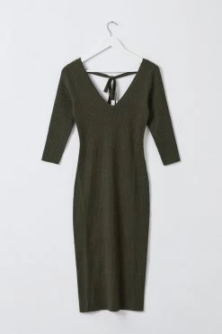 Among The Brave Equinox Dark Khaki Half Sleeve V Neck Tie Back Rib Knit Midi Dress Dresses