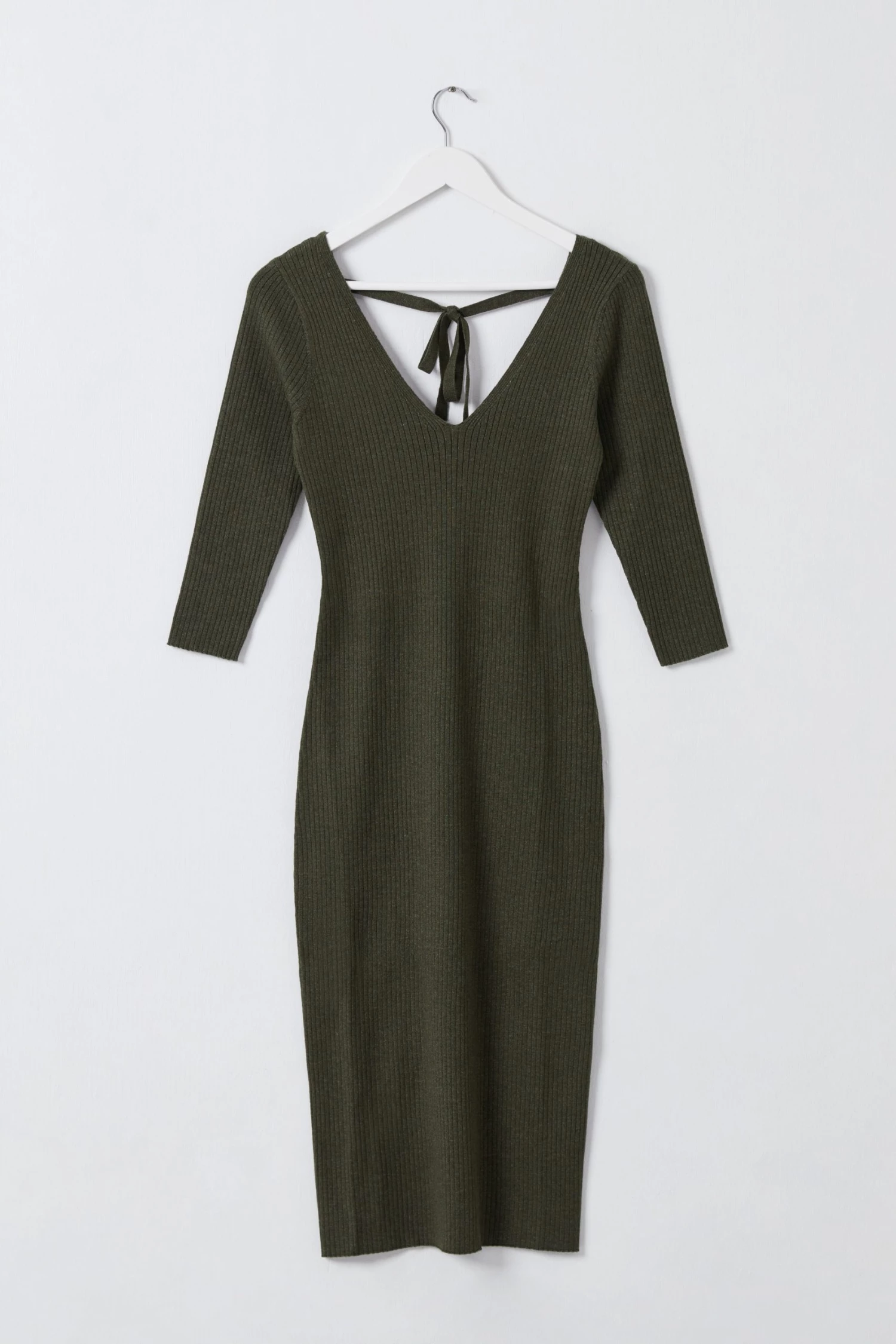 Among The Brave Equinox Dark Khaki Half Sleeve V Neck Tie Back Rib Knit Midi Dress Dresses