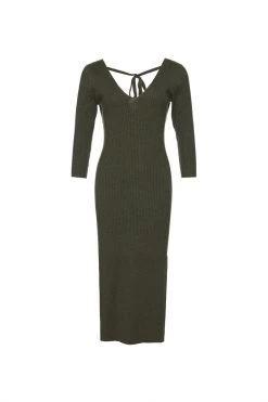 Among The Brave Equinox Dark Khaki Half Sleeve V Neck Tie Back Rib Knit Midi Dress Dresses