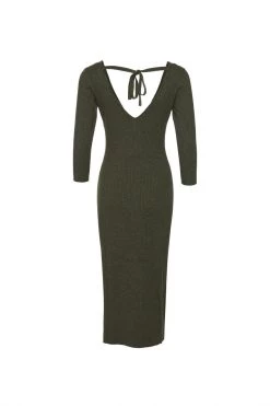 Among The Brave Equinox Dark Khaki Half Sleeve V Neck Tie Back Rib Knit Midi Dress Dresses