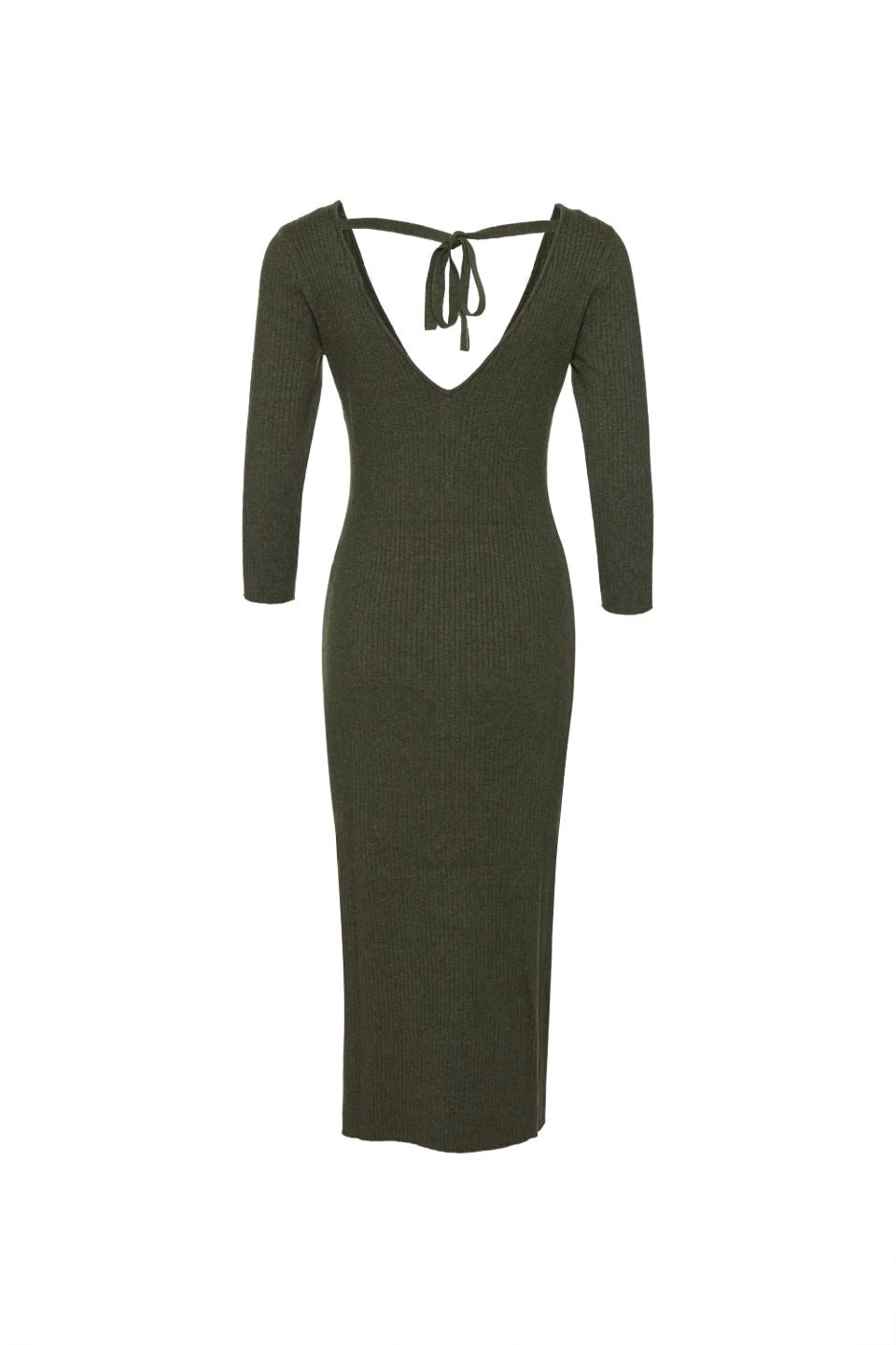 Among The Brave Equinox Dark Khaki Half Sleeve V Neck Tie Back Rib Knit Midi Dress Dresses
