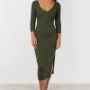 Among The Brave Equinox Dark Khaki Half Sleeve V Neck Tie Back Rib Knit Midi Dress Dresses