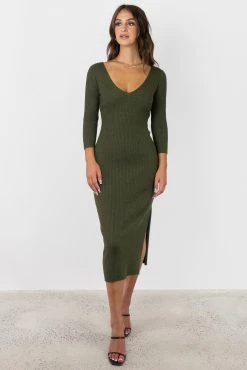 Among The Brave Equinox Dark Khaki Half Sleeve V Neck Tie Back Rib Knit Midi Dress Dresses