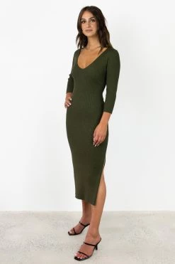 Among The Brave Equinox Dark Khaki Half Sleeve V Neck Tie Back Rib Knit Midi Dress Dresses