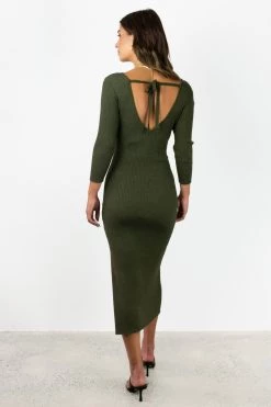 Among The Brave Equinox Dark Khaki Half Sleeve V Neck Tie Back Rib Knit Midi Dress Dresses